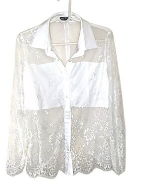 SHEIN White Sheer Floral Lace Button Front Blouse Top Size M